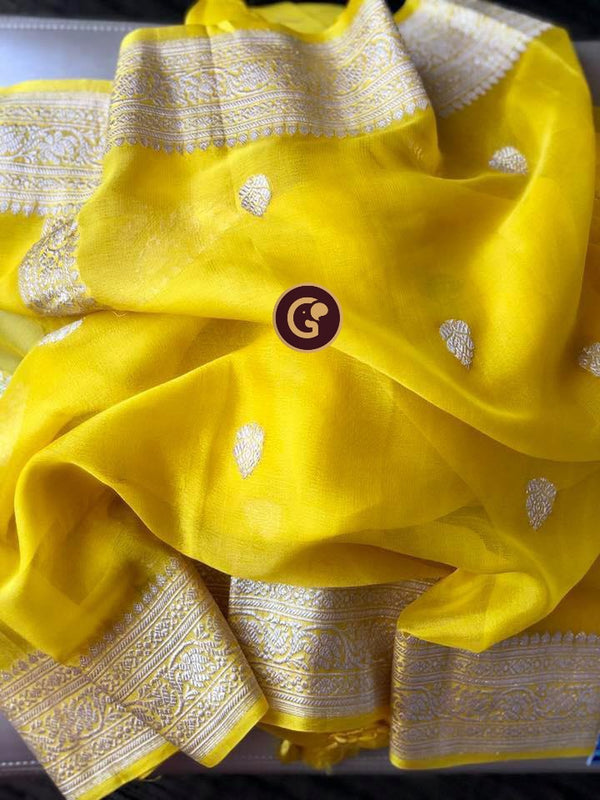 Yellow Pure Chiffon Saree