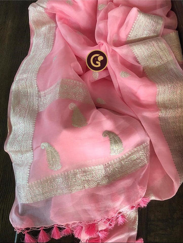 Baby Pink Pure Chiffon Saree
