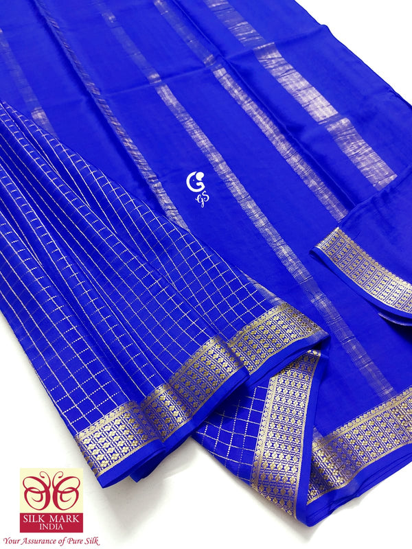 Royal Blue Checked Pattern Mysore Crepe Silk Saree