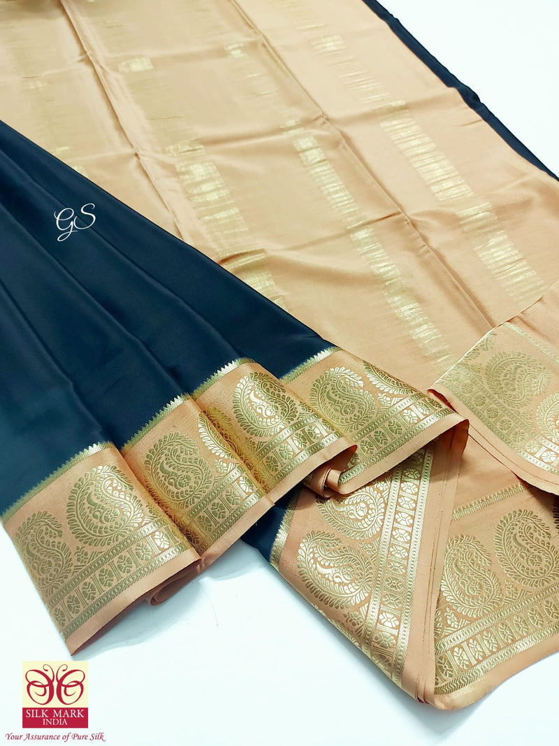 Black Mysore Crepe Silk Sarees with Traditional Mango Border