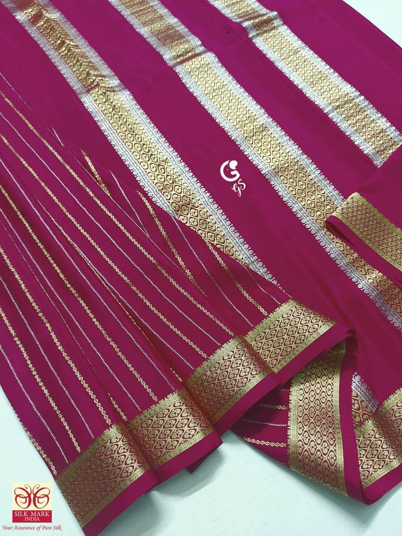 Pink Mysore Crepe Silk Saree - Gold & Silver Zari Stripes