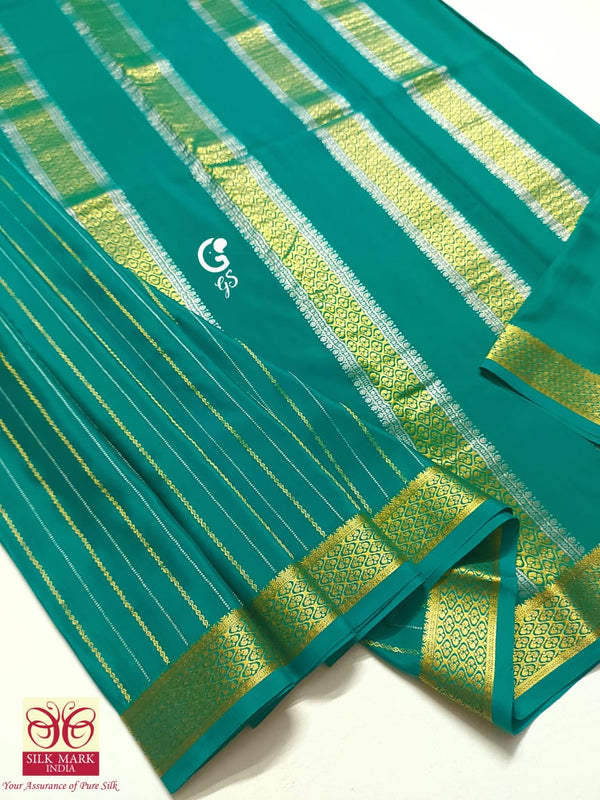 Rama Green Mysore Crepe Silk Saree - Gold & Silver Zari Stripes