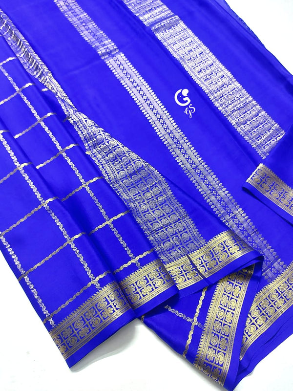 Royal Blue Checked Pattern Mysore Crepe Silk Saree