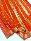 Rust Orange Checked Pattern Mysore Crepe Silk Saree