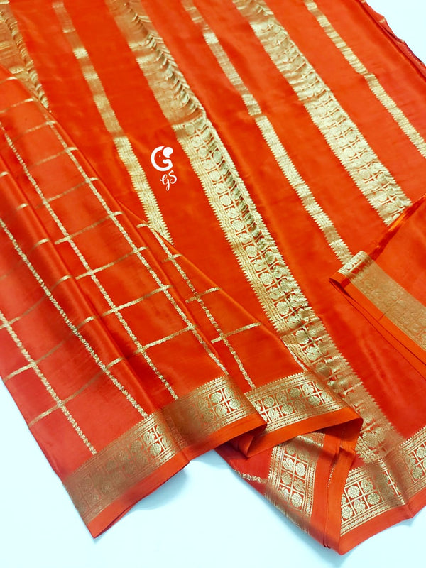 Rust Orange Checked Pattern Mysore Crepe Silk Saree