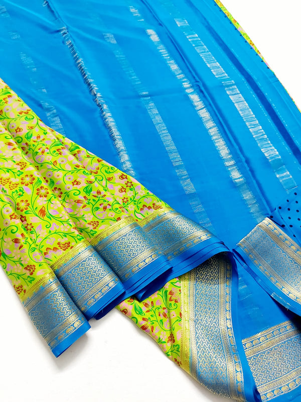 Yellowish Green Printed Mysore Crepe Silk Saree