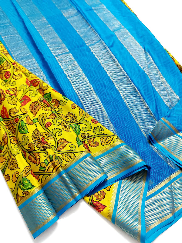 Yellow Kalamkari Printed Mysore Crepe Silk Saree