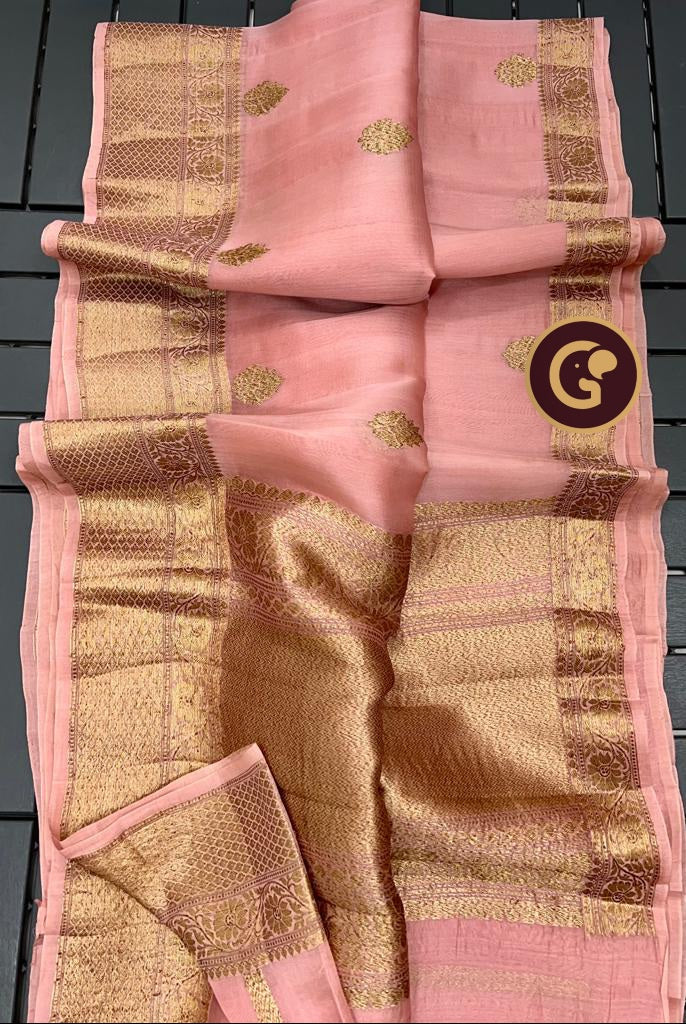 Baby Pink Pure Kora Silk Saree