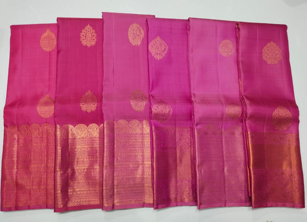 Pink Kanchipuram Silk Sarees with Long Copper Zari Border