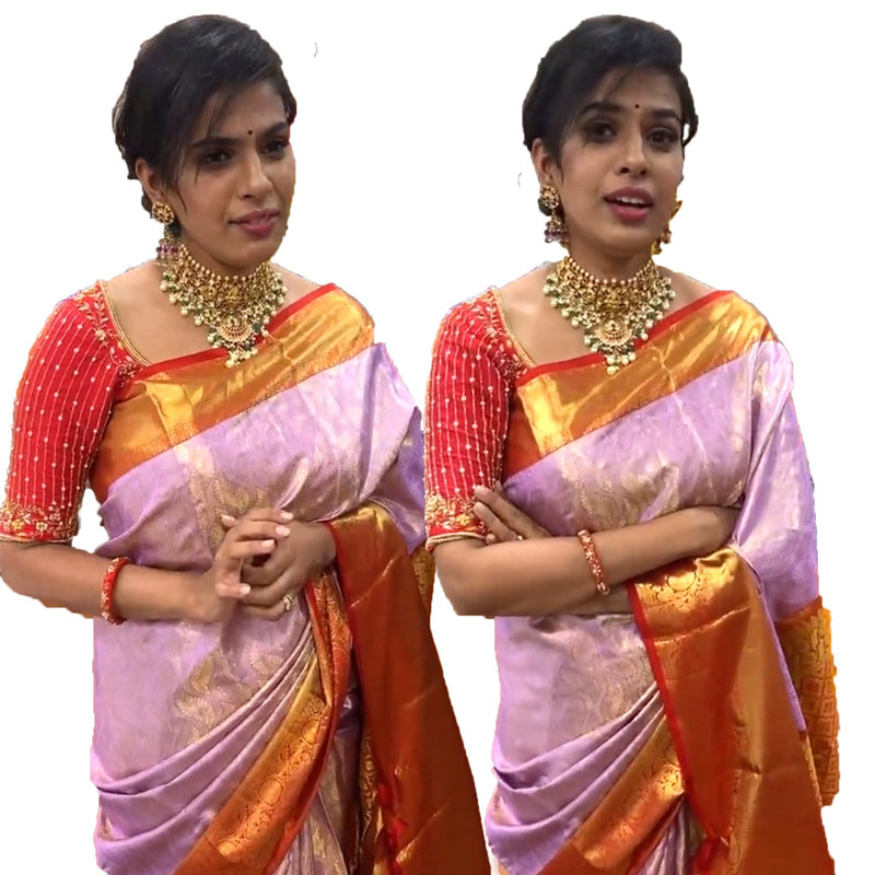 White and Pink Kanjivaram Silk Bridal Saree Online Shopping – Sunasa