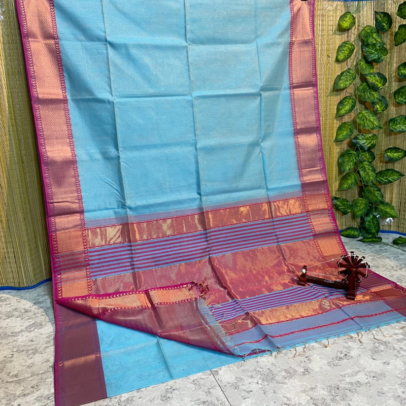 Maheshwari Silk Cotton Tissue Zari Checks Sarees