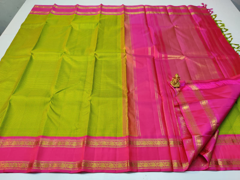 Yellow Green Mini Checks Kanchipuram Silk Saree