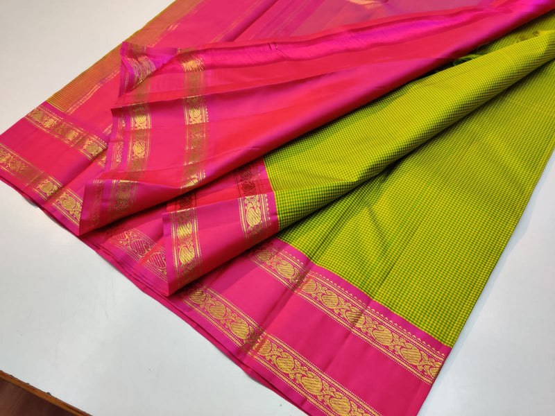 Yellow Green Mini Checks Kanchipuram Silk Saree