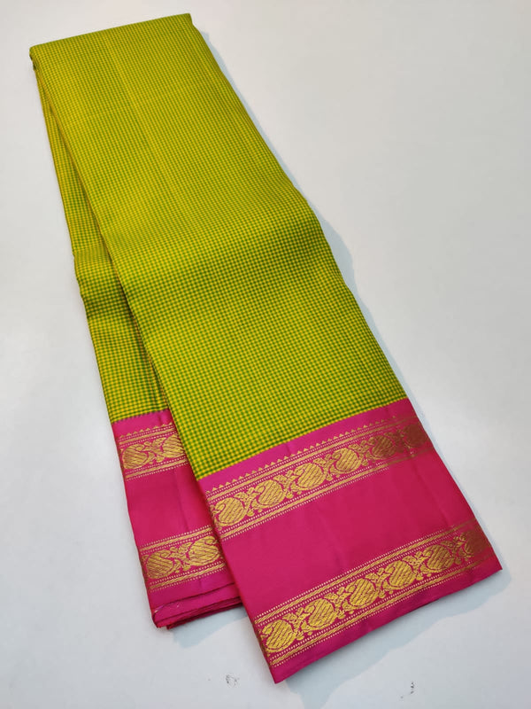 Yellow Green Mini Checks Kanchipuram Silk Saree