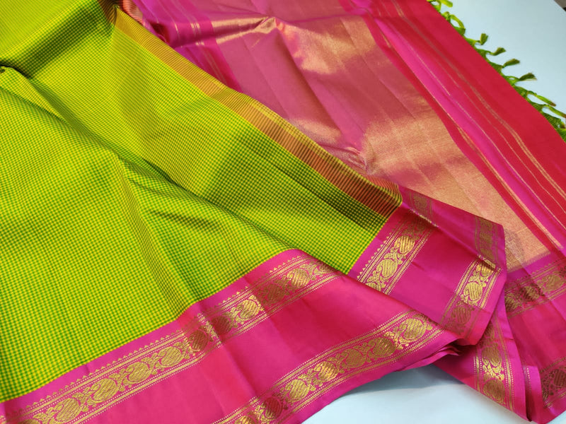 Yellow Green Mini Checks Kanchipuram Silk Saree