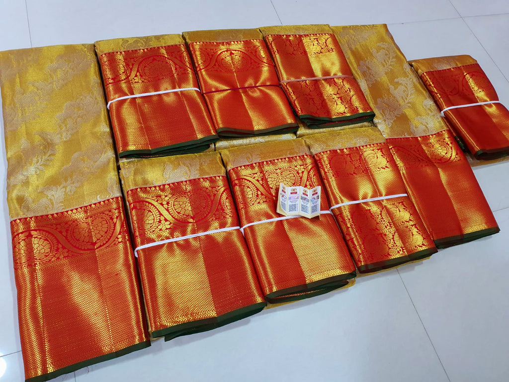 Olive Green Tissue Kanjivaram Silk Saree With Floral And Mayil Jaal Design  | Singhania's