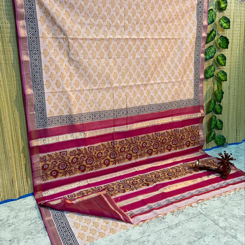 Block Printed Maheshwari Silk Cotton Sarees