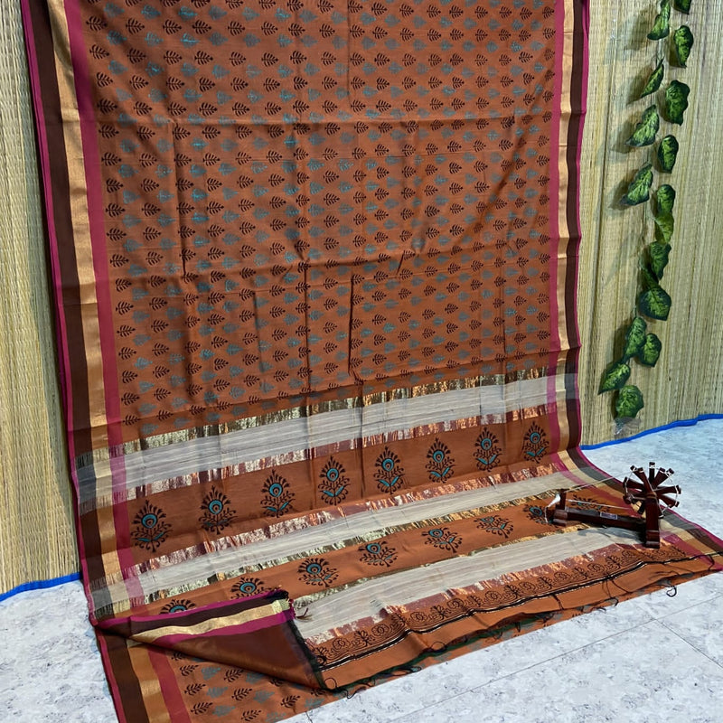 Block Printed Maheshwari Silk Cotton Sarees