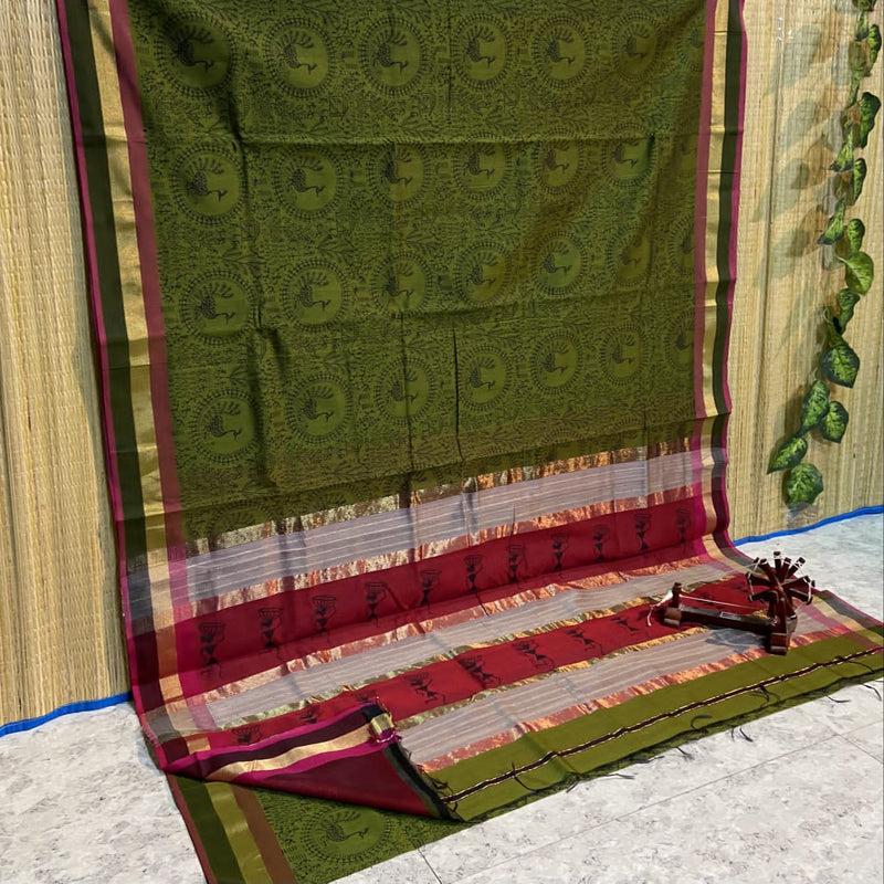 Block Printed Maheshwari Silk Cotton Sarees