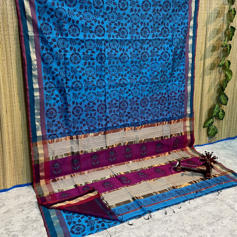 Block Printed Maheshwari Silk Cotton Sarees