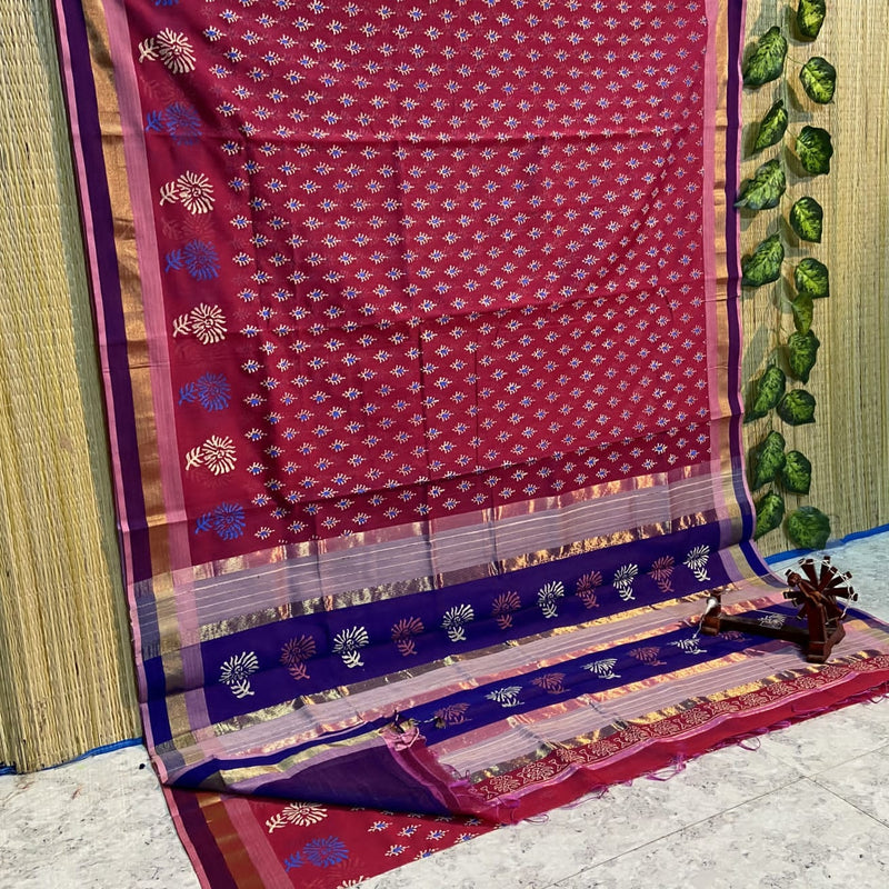 Block Printed Maheshwari Silk Cotton Sarees