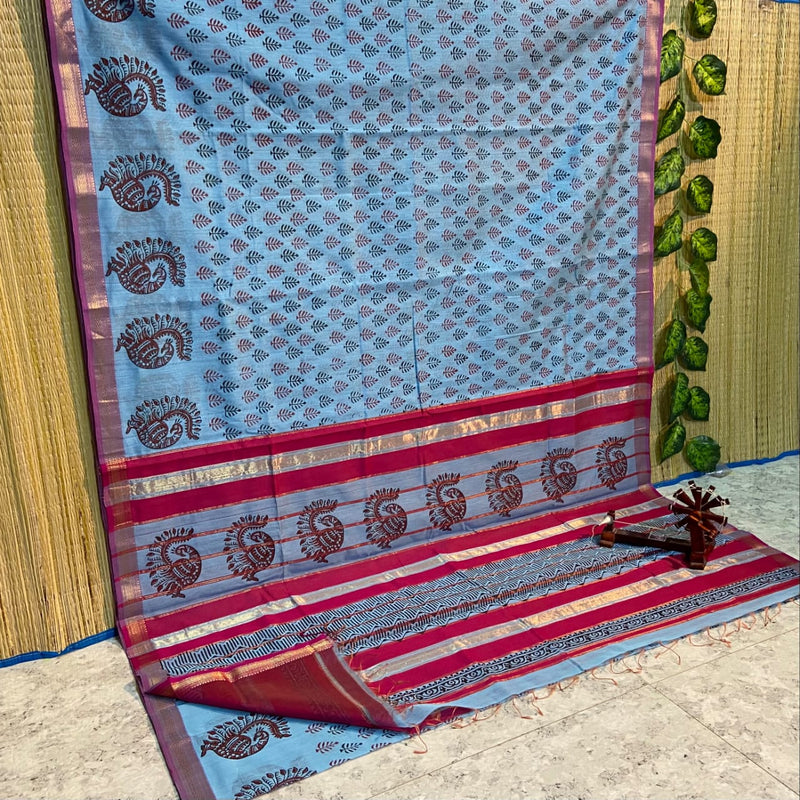 Block Printed Maheshwari Silk Cotton Sarees