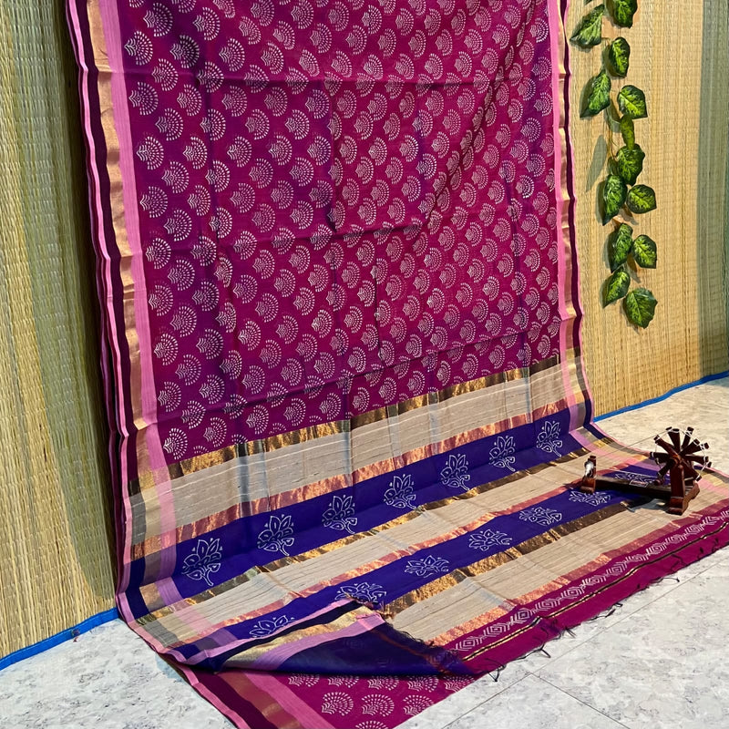 Block Printed Maheshwari Silk Cotton Sarees