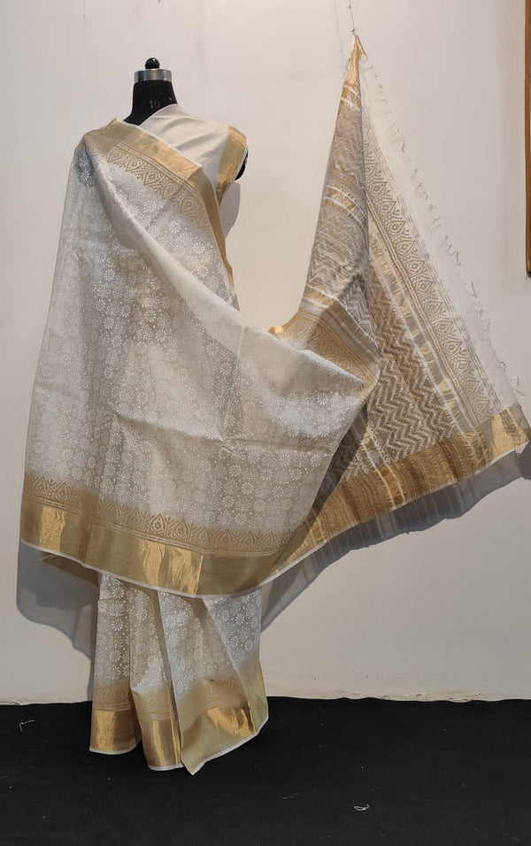 Pure Kosa Tussar Silk Natural Block Printed Sarees