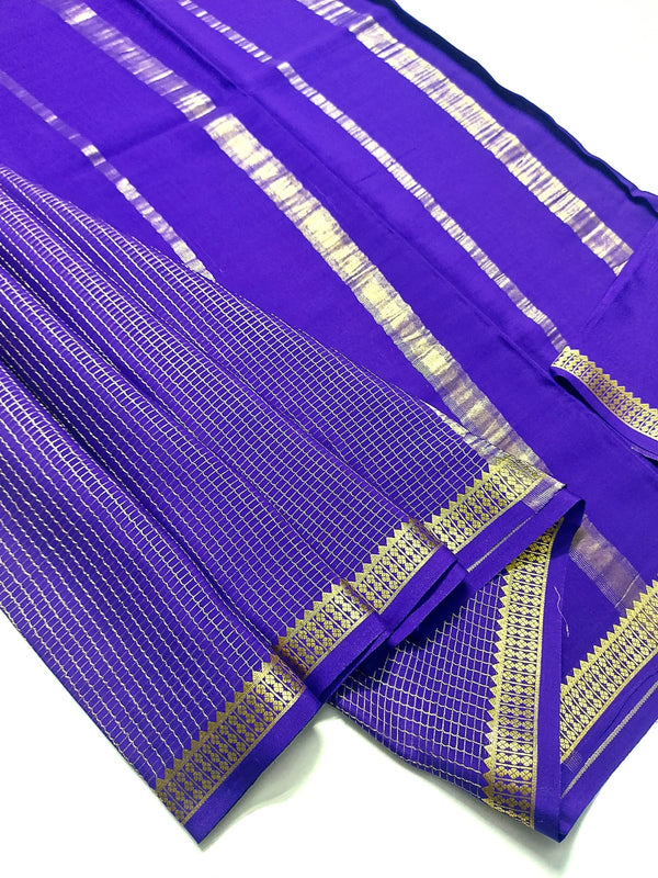 Navy Blue Checked Pattern Mysore Crepe Silk Saree