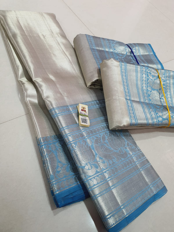 Pure Kanchipuram Plain Silver Tissue Silk Saree