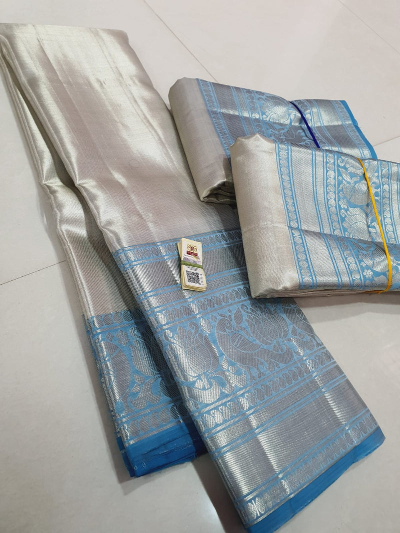 Pure Kanchipuram Plain Silver Tissue Silk Saree