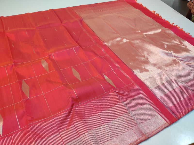 Dual Shade Pink Orange Kanchipuram Silk Saree