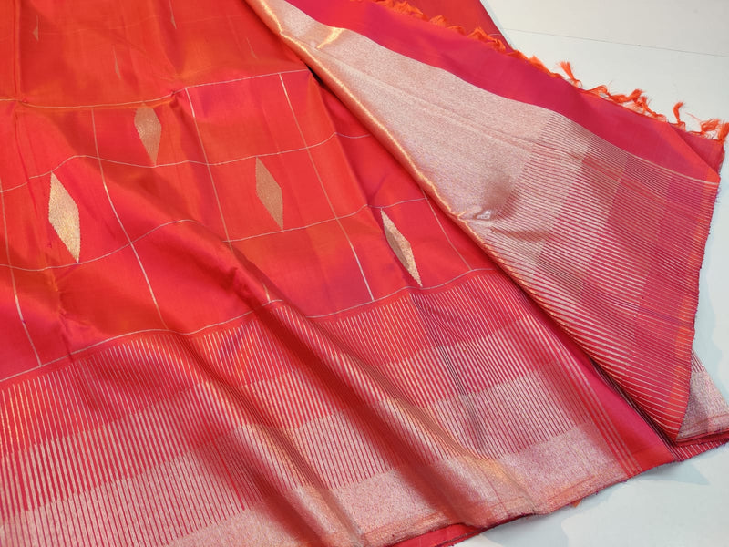 Dual Shade Pink Orange Kanchipuram Silk Saree