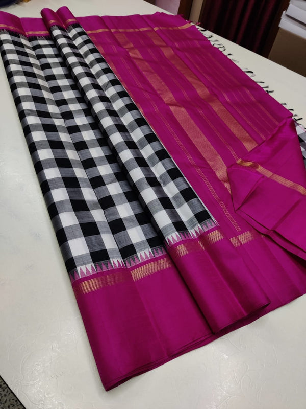 Black and White Checked Pattern Kanchipuram Silk Saree