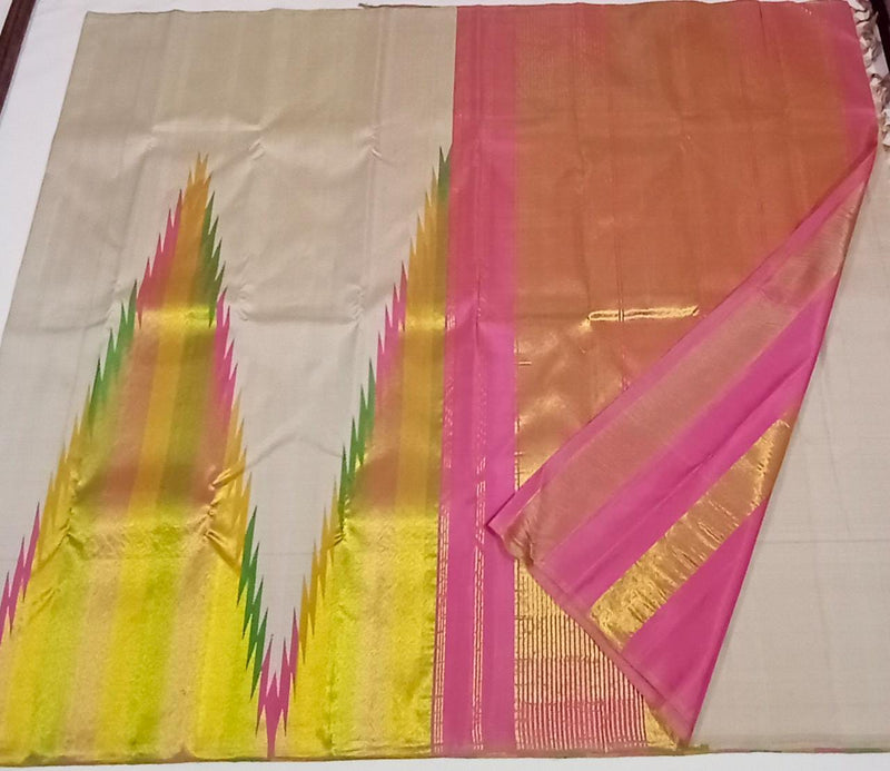 Half White 8 Kol Korvai Weaving Long Temple Border Kanchipuram Silk Saree