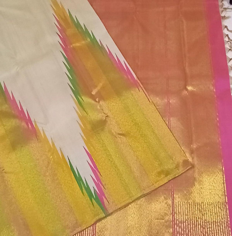 Half White 8 Kol Korvai Weaving Long Temple Border Kanchipuram Silk Saree