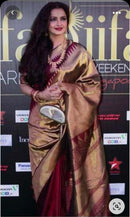 Celebrity Style - Actress Rekha Inspired Pure Zari Maroon Raising Temple Border Kanchipuram Silk Saree with Double Side Border