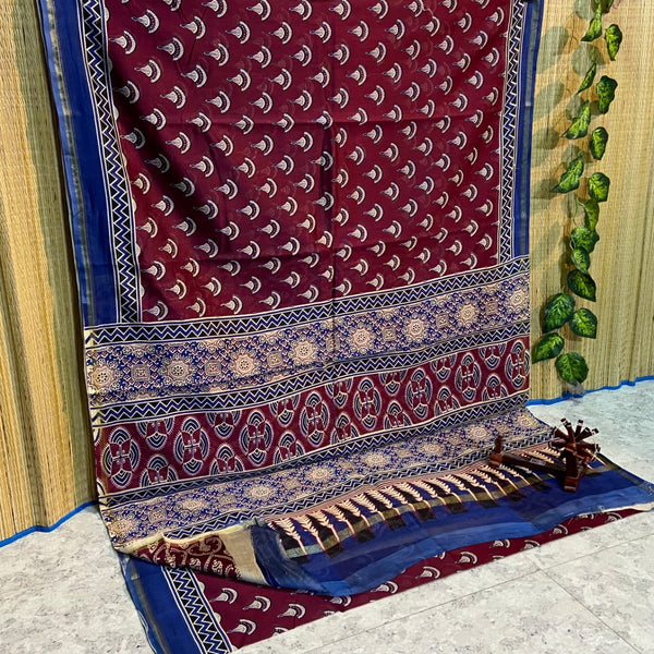 Ajrakh Printed Maheshwari Silk Cotton Sarees