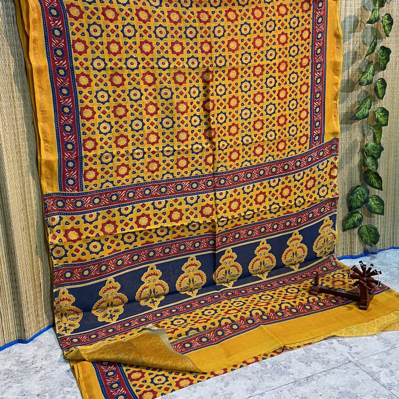 Ajrakh Printed Maheshwari Silk Cotton Sarees