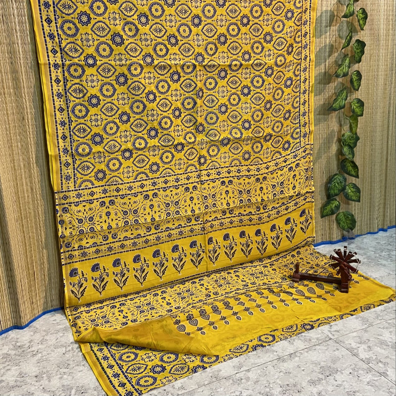 Ajrakh Printed Maheshwari Silk Cotton Sarees