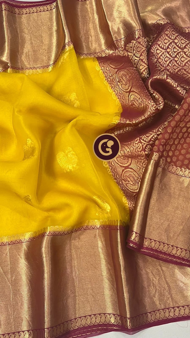 Yellow Organza Saree with Kanchi Border