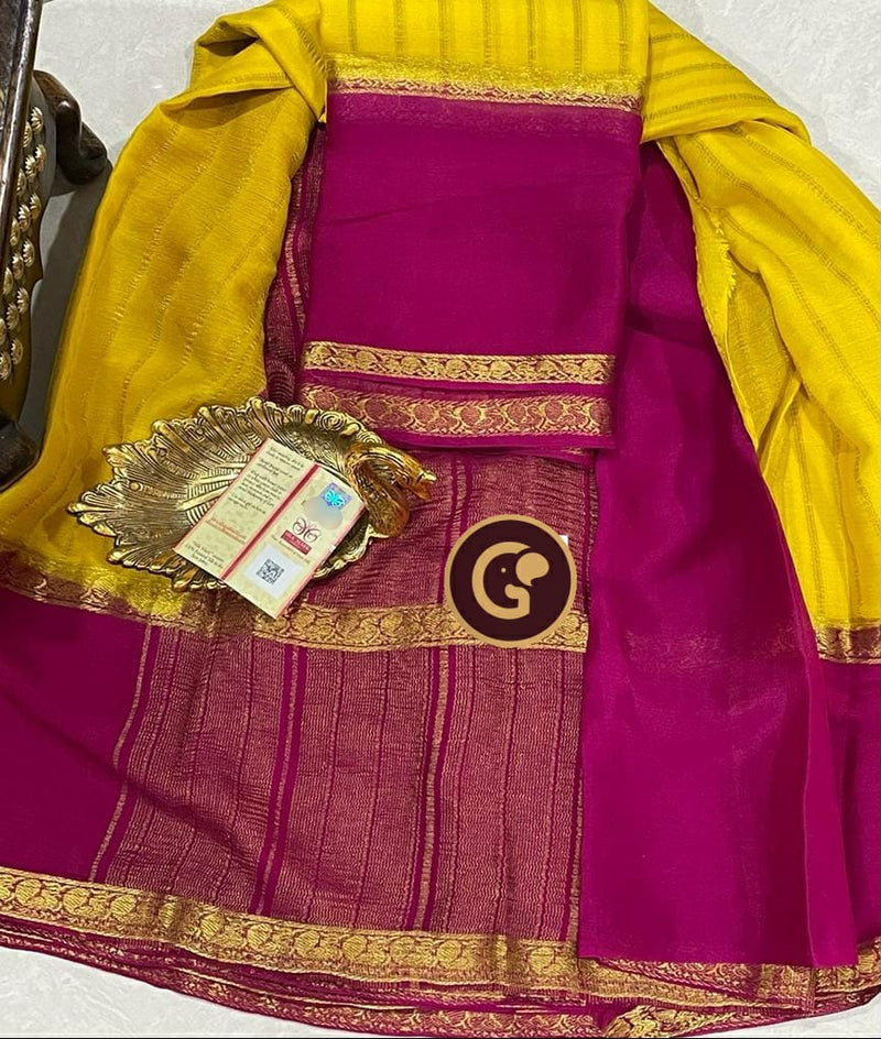 Yellow Pure Wrinkle Mysore Crepe Silk Saree