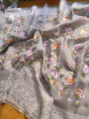 Grey Organza Saree with Jaal Floral Embroidery & Chikankari Pallu