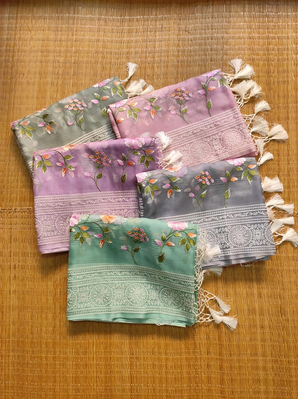 Organza Sarees with Jaal Floral Embroidery & Chikankari Pallu
