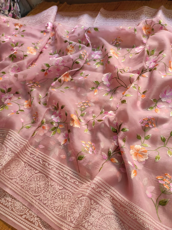 Pink Organza Saree with Jaal Floral Embroidery & Chikankari Pallu