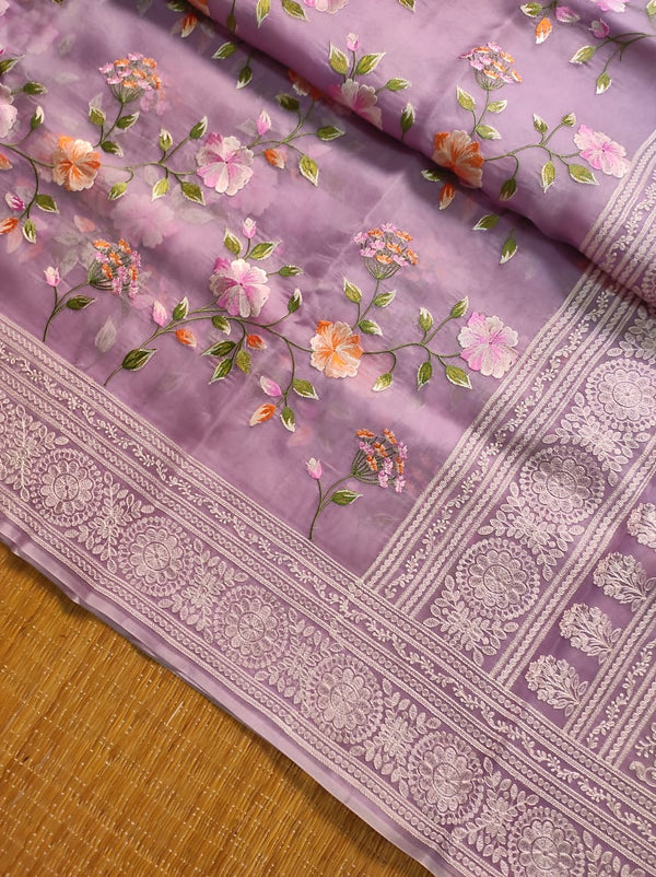 Lavender Organza Saree with Jaal Floral Embroidery & Chikankari Pallu