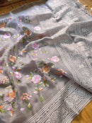 Grey Organza Saree with Jaal Floral Embroidery & Chikankari Pallu
