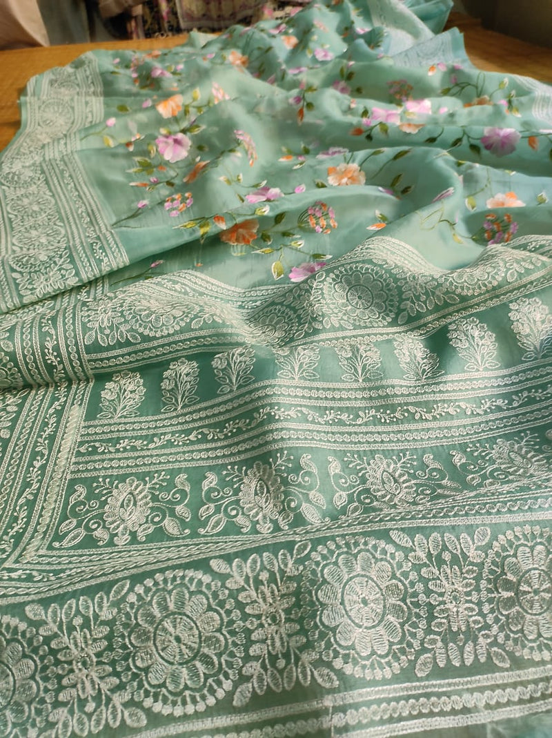 Pastel Green Organza Saree with Jaal Floral Embroidery & Chikankari Pallu