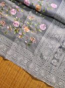 Grey Organza Saree with Jaal Floral Embroidery & Chikankari Pallu
