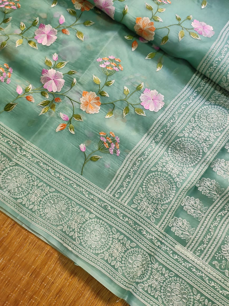 Pastel Green Organza Saree with Jaal Floral Embroidery & Chikankari Pallu